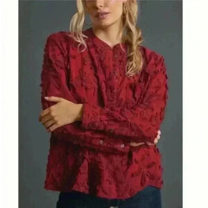 Pilcro Anthropologie The Whitney Textured Trapeze Red Button Down Blouse Size XS